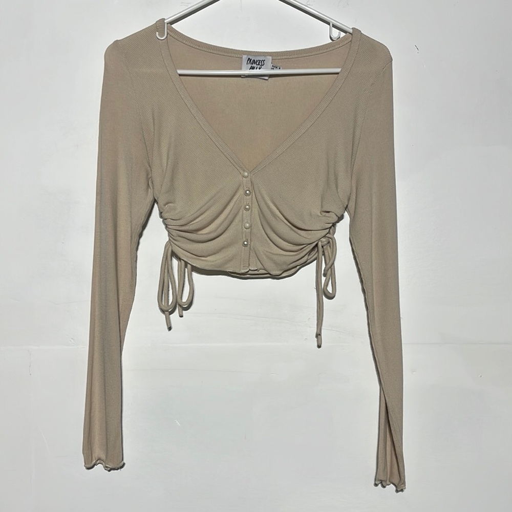 Princess Polly Cream Deep V Button Down Side Ties Stretchy Long Sleeve Crop Top - Picture 2 of 8